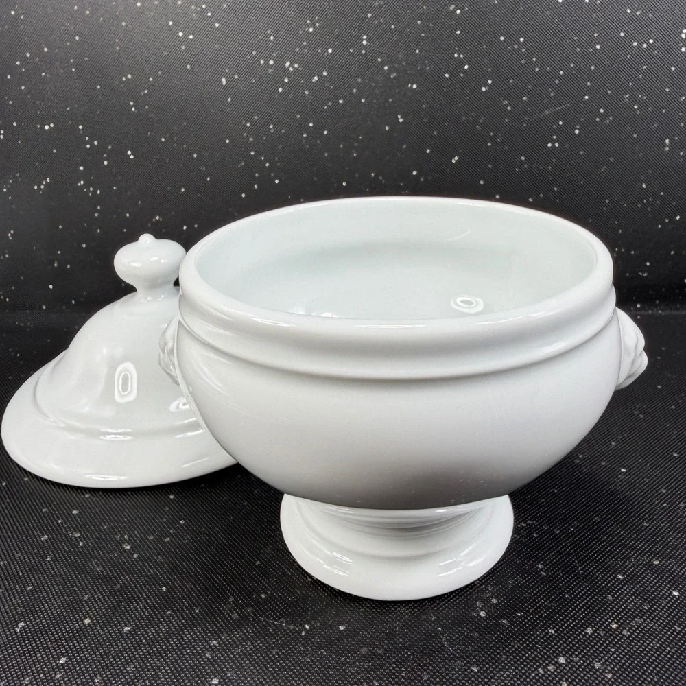 Apilco France White Porcelain Lion Head Dish w Lid Footed Bowl Container Jar